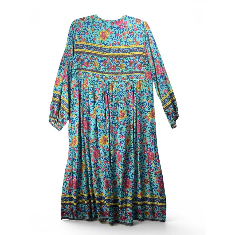 Vivimos Boho Floral Print Long Sleeve Tassel Midi Dress Turquoise M - Picture 6 of 6